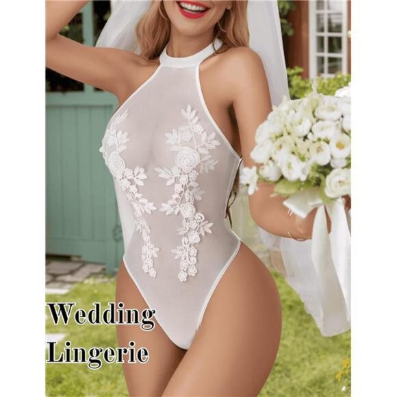 Women Teddy Lingerie Sexy Mesh Bodysuit White - Picture 2 of 5